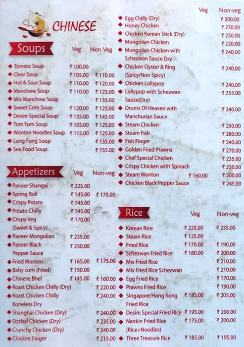 Desire Chinese Chinese Restaurant in Thane Thai Cuisine Restaurant Tandoor Biryani in Thane menu