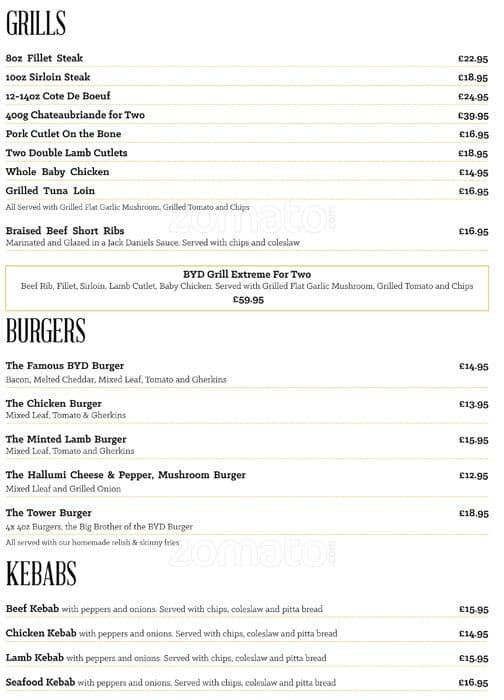 Menu at The Brickyard steakhouse, Romford