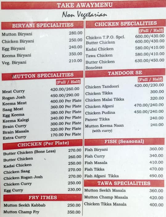 Tee Pee o Restaurant menu