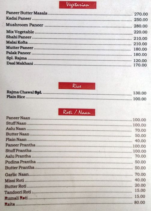 Tee Pee o Restaurant menu