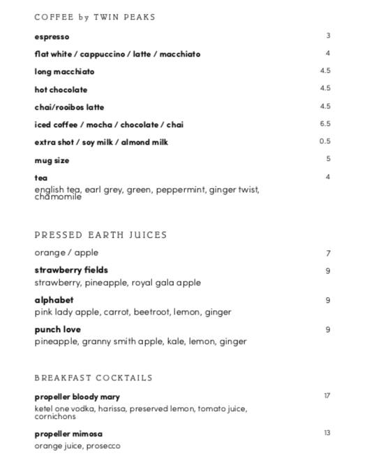 Menu at Propeller restaurant, North Fremantle