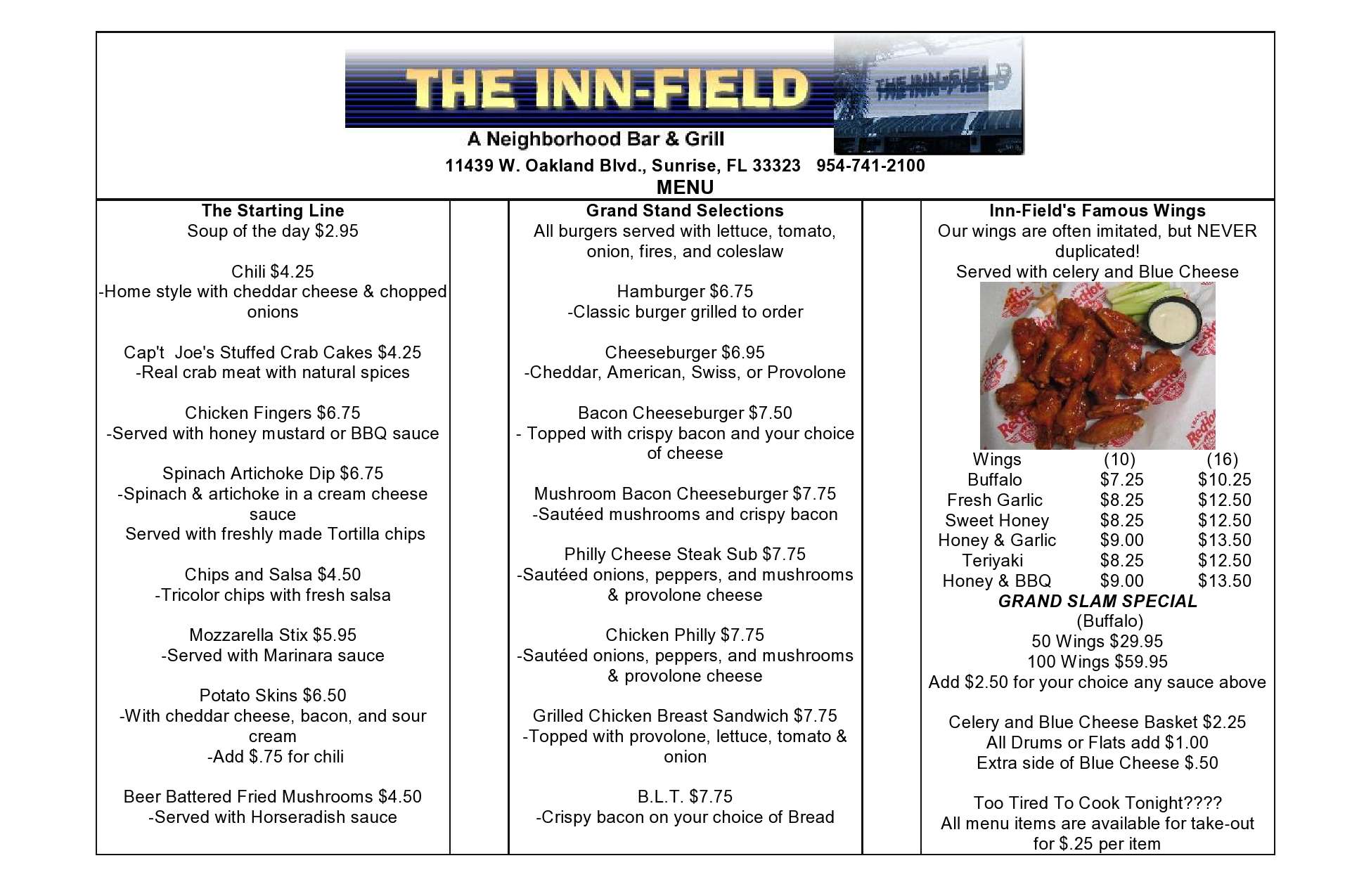 Menu at The Inn Field Bar &amp; Grill, Sunrise