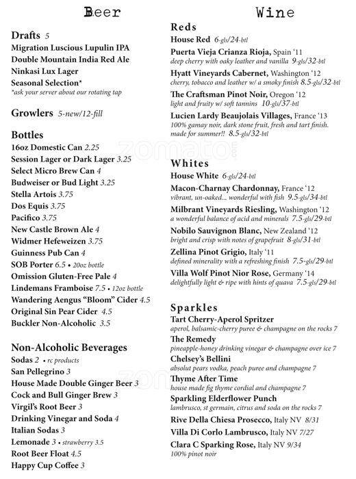 The Observatory menu, Menu restauracji The Observatory, Mt. Tabor/South Tabor, Portland