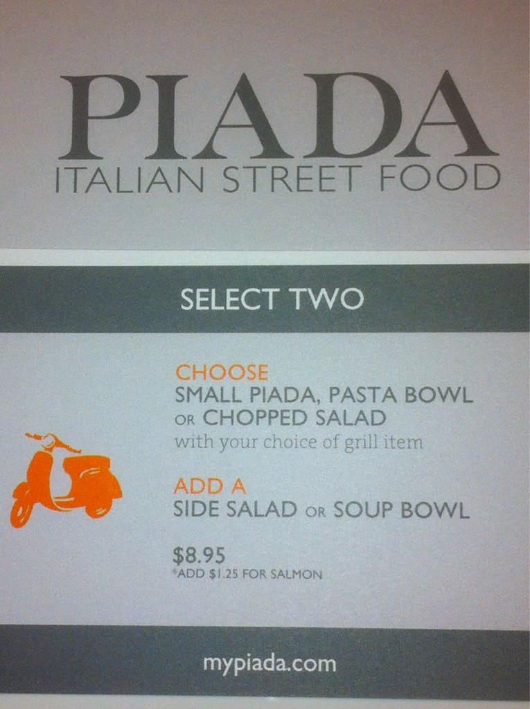 Menu at Piada Italian Street Food restaurant, Carmel