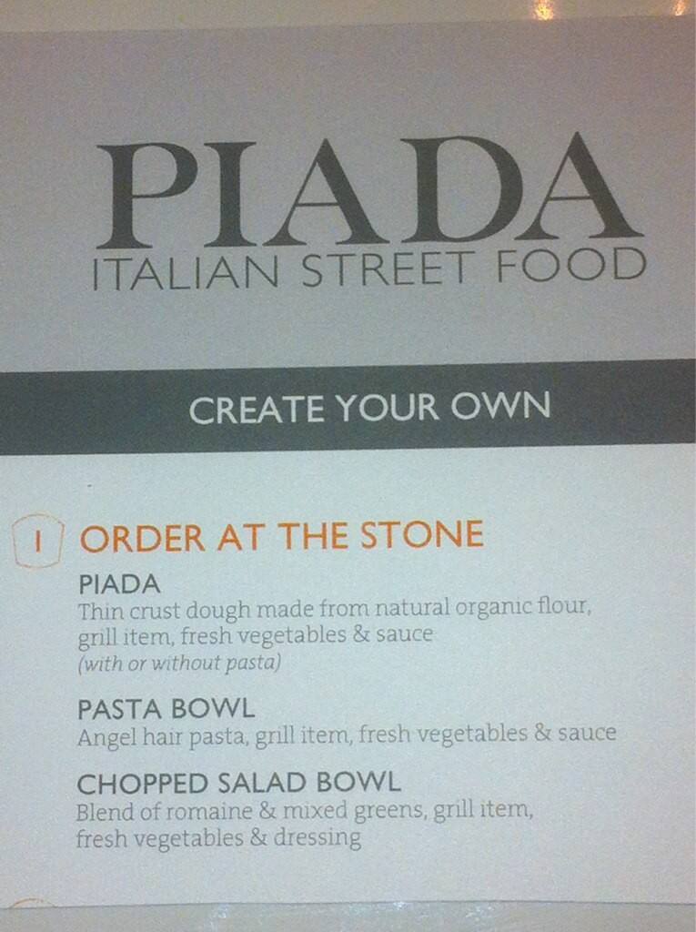 Menu at Piada Italian Street Food restaurant, Carmel