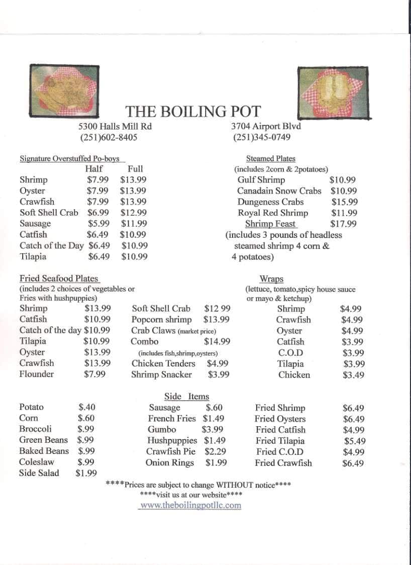 The Boiling Pot Menu, Menu for The Boiling Pot, Mobile, Mobile Bay