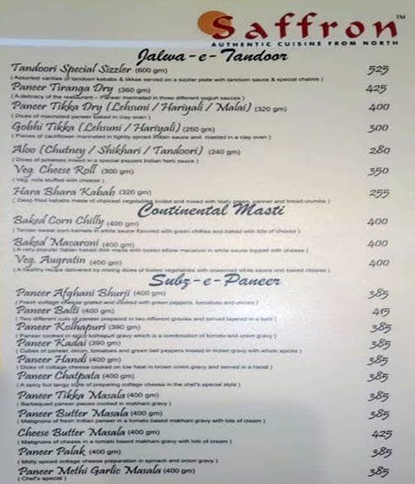 Menu at Sankalp & Saffron Restaurant, Udaipur