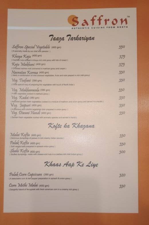 Menu at Sankalp & Saffron Restaurant, Udaipur