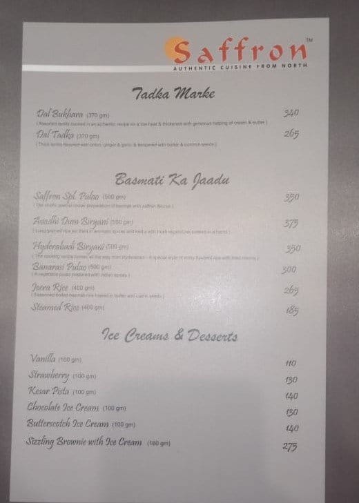 Menu at Sankalp & Saffron Restaurant, Udaipur