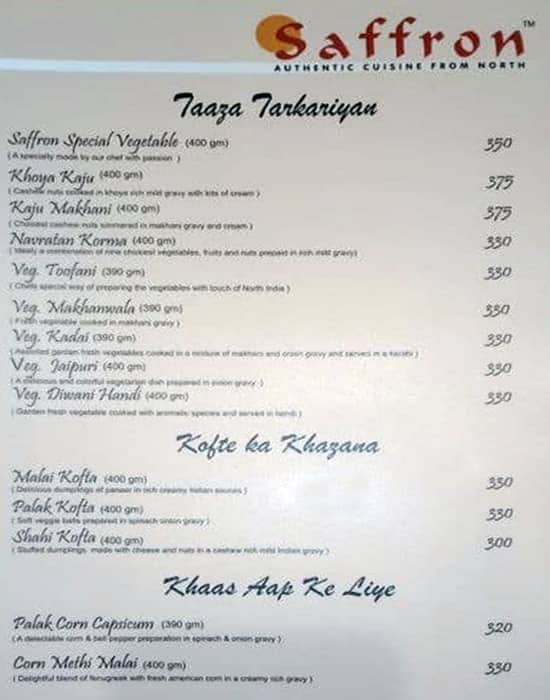 Menu at Sankalp & Saffron Restaurant, Udaipur