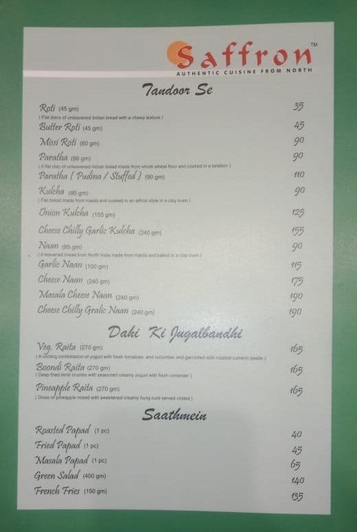 Menu at Sankalp & Saffron Restaurant, Udaipur