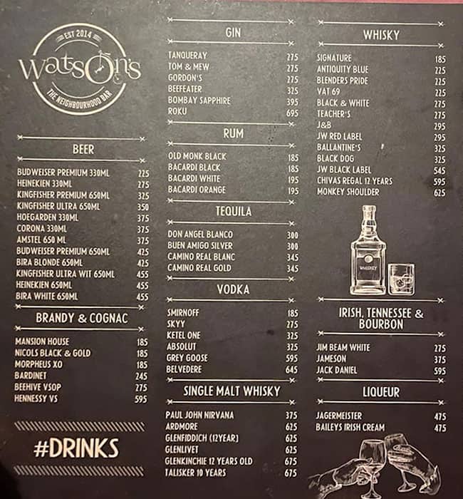 Menu of Watson's, MG Road, Kochi