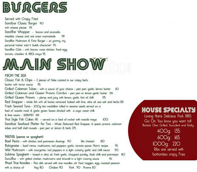 Menu at Sand Bar, Umdloti