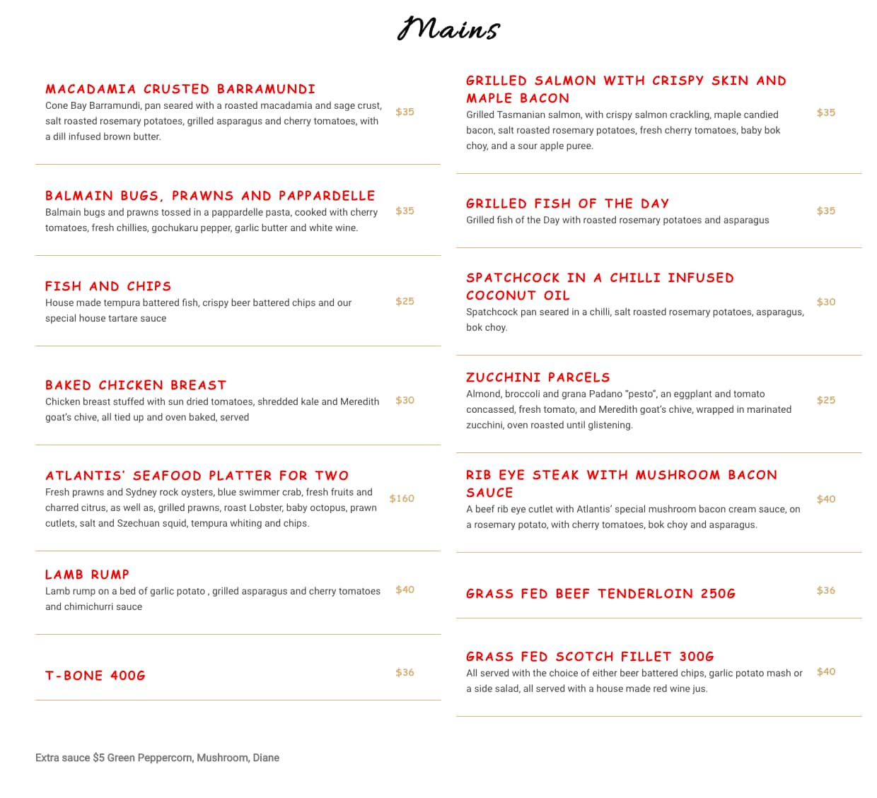 Menu at Atlantis restaurant, North Ryde