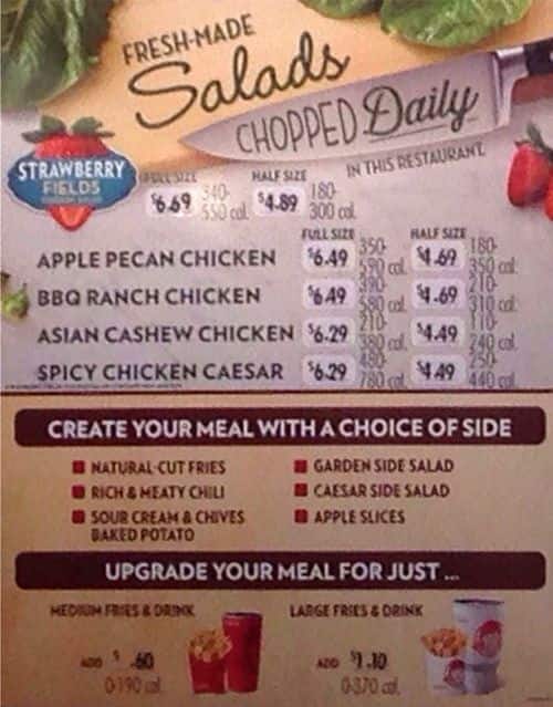 Menu at Wendy's fast food, Tacoma, 72nd St E