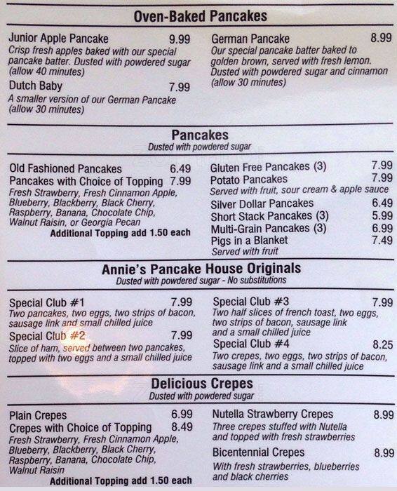 Menu at Annie's Pancake House restaurant, Skokie