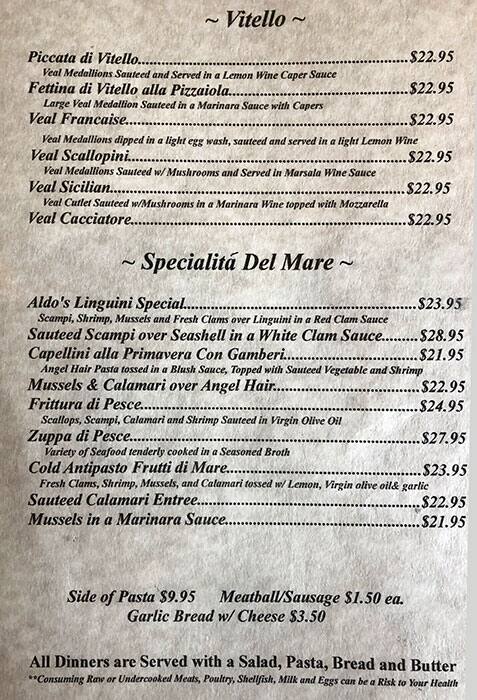 Menu at Aldo's restaurant, Brooklyn, Memphis Ave
