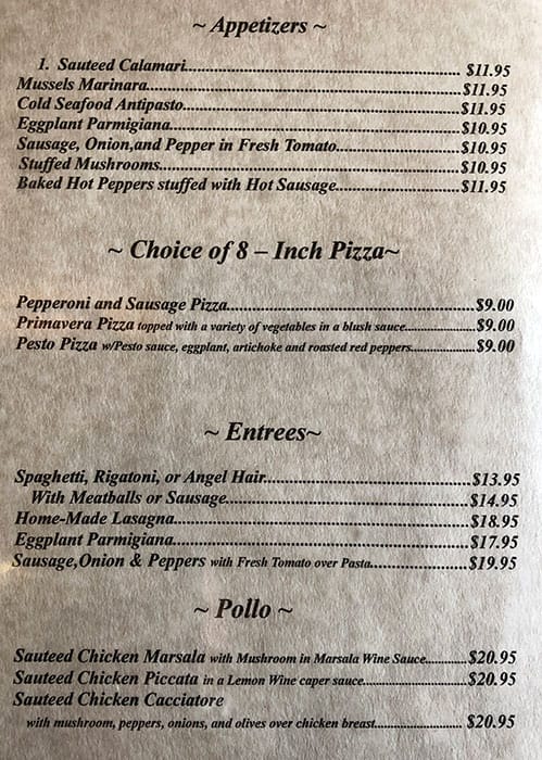 Menu at Aldo's restaurant, Brooklyn, Memphis Ave
