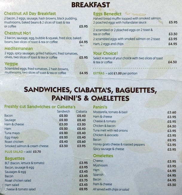 Menu at The Chestnut cafe, Chislehurst, 25 High St