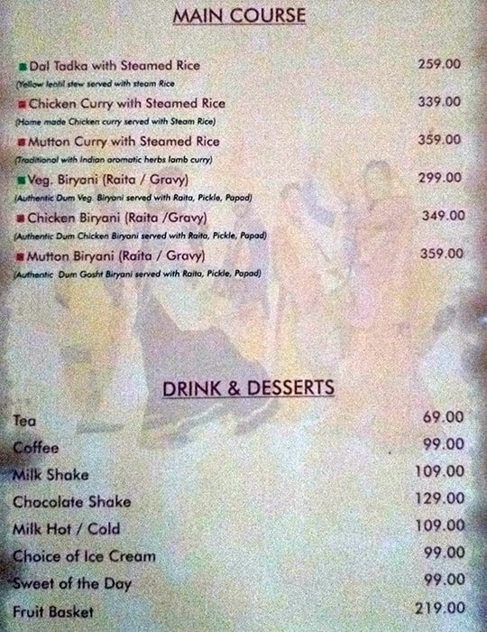 Menu at Park Baluchi, New Delhi, Hotel Signature Grand