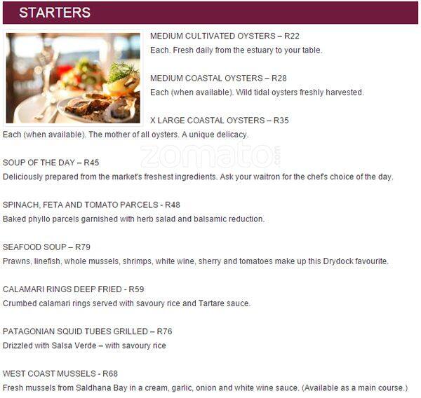 The Drydock Food Co Menu, Menu for The Drydock Food Co, Knysna, Western