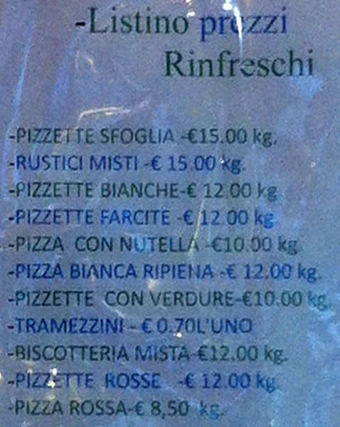Menu di Panificio Piccola Spiga 