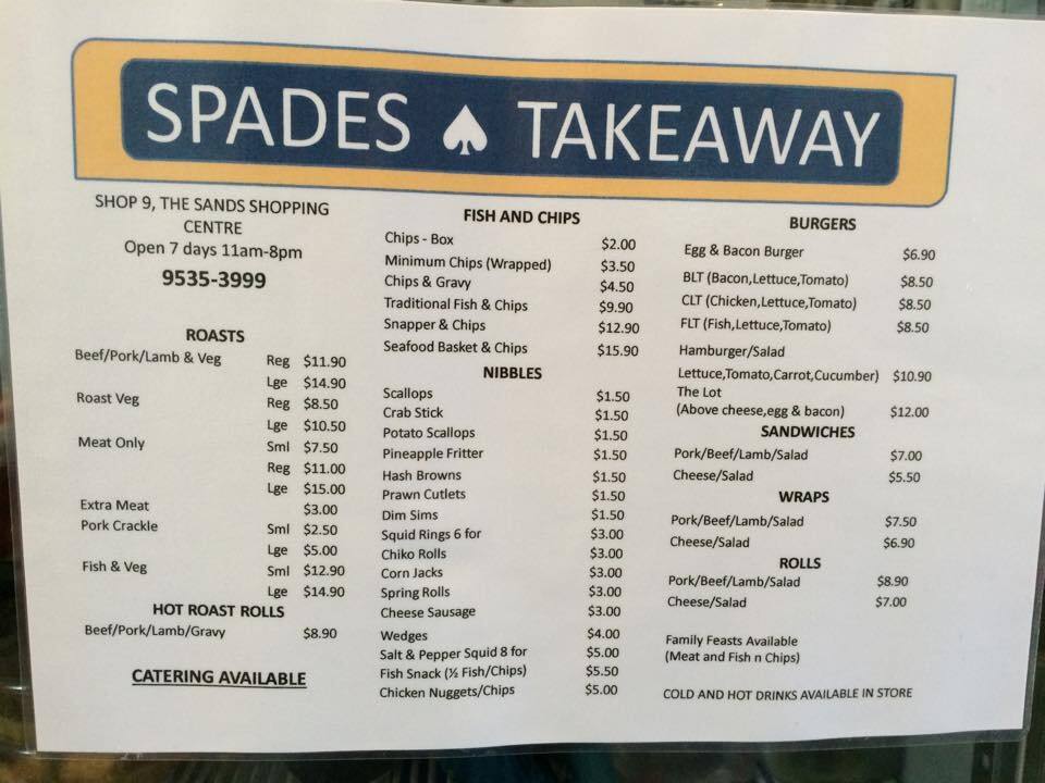 Spades Cafe Menu, Menu for Spades Cafe, Silver Sands, City of Mandurah