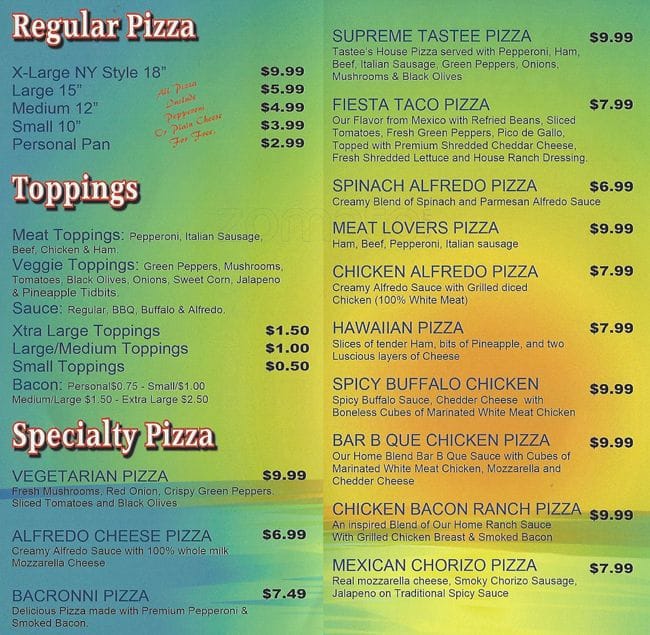 Tastee Pizza & Wings & Subs Menu Urbanspoon/Zomato