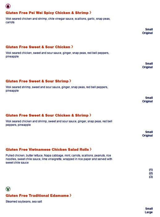 Menu at Pei Wei Asian Kitchen restaurant, McKinney