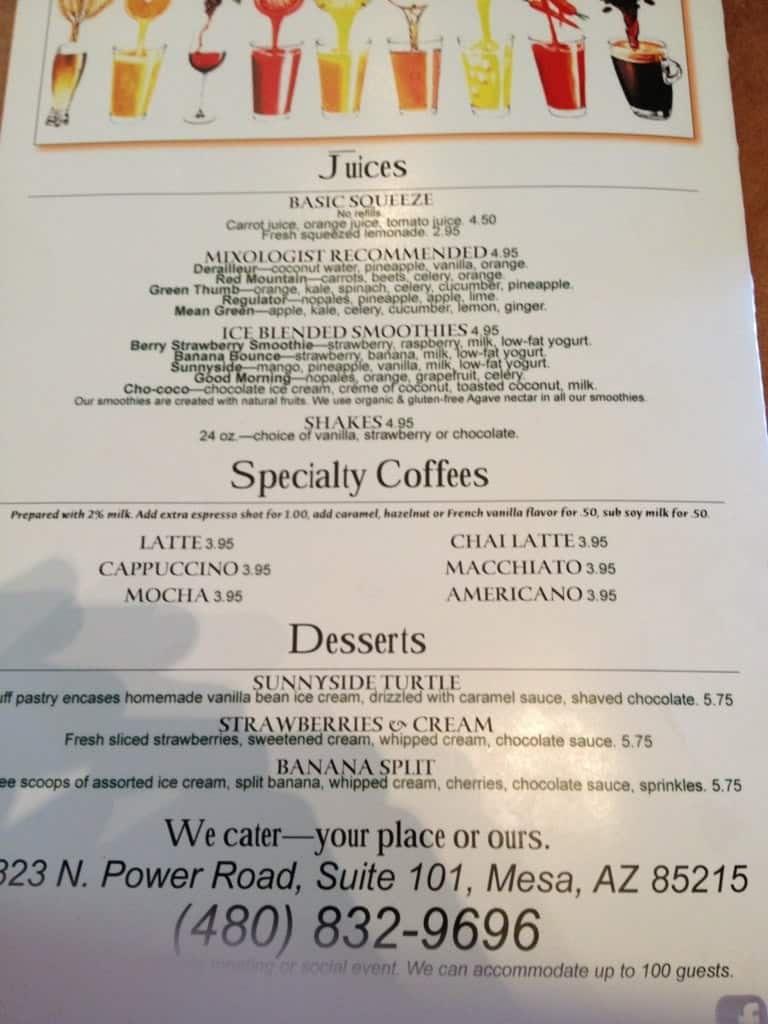 Menu at Sunnyside Breakfast Lounge pub & bar, Mesa