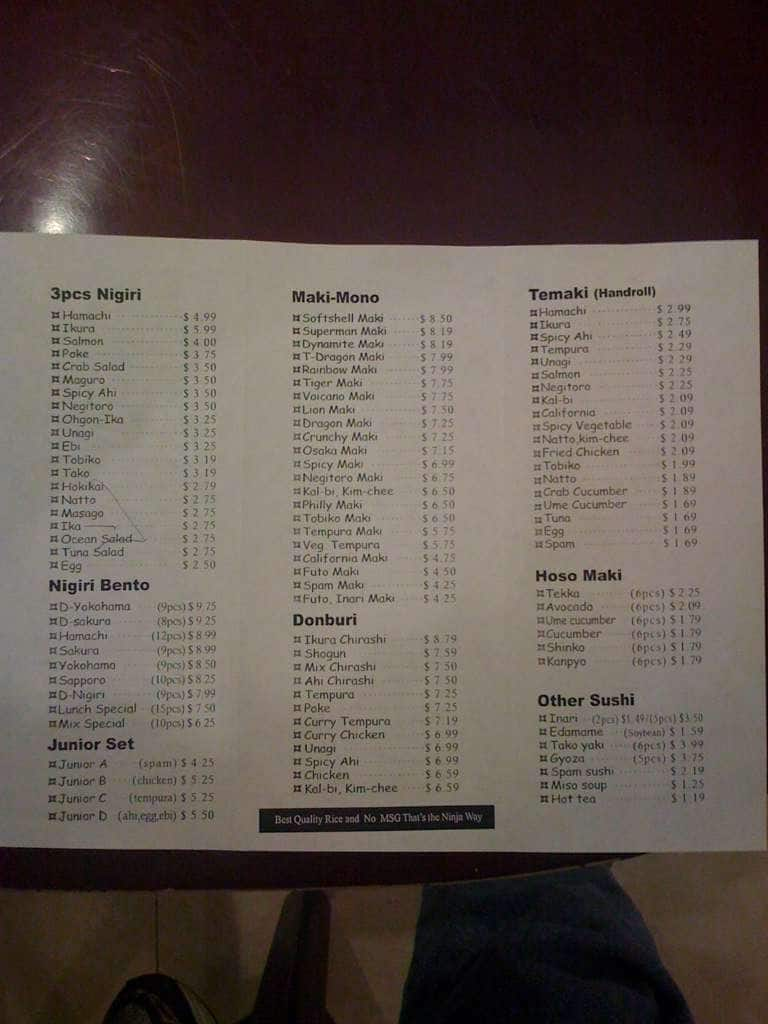 Ninja Sushi Menu, Menu for Ninja Sushi, Mililani, Rest of Hawaii