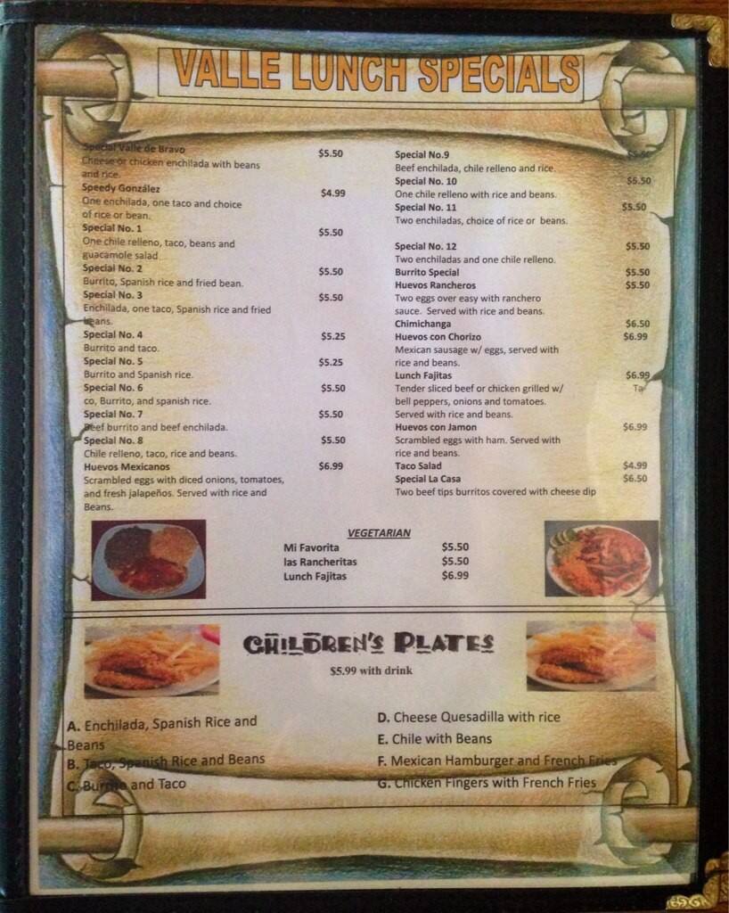 Valle De Bravo Mexican Grille Menu