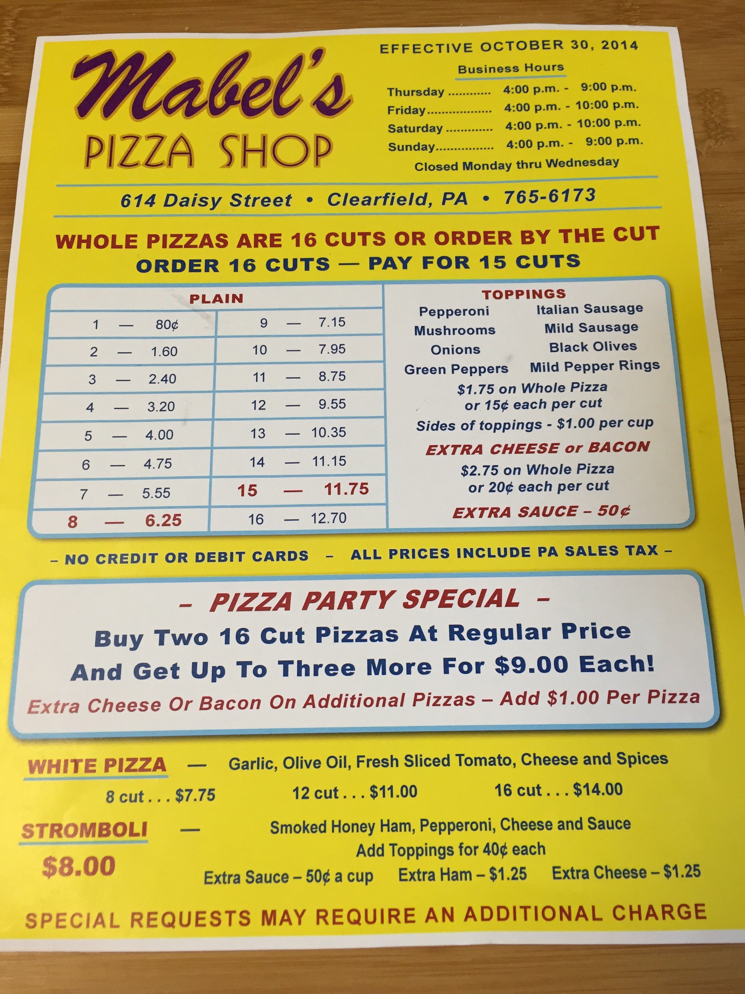 Menu at Mabel's Pizza Shop pizzeria, Clearfield