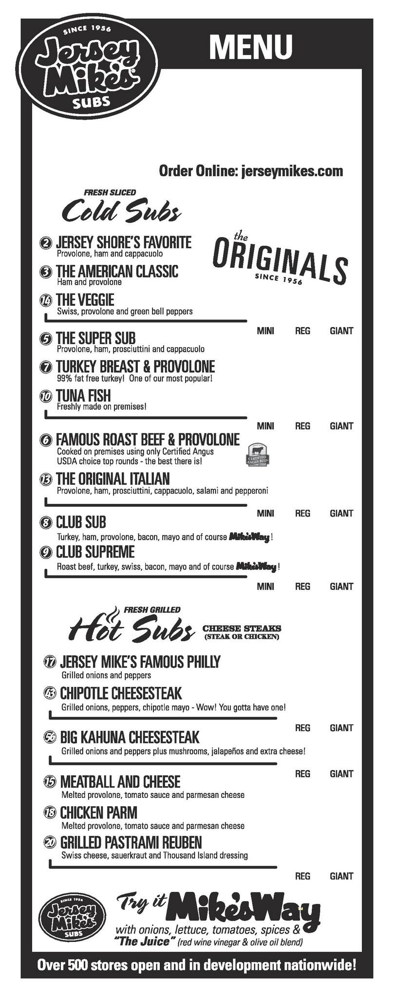 Jersey Mike's Subs Menu, Menu for Jersey Mike's Subs, Hemet, Temecula