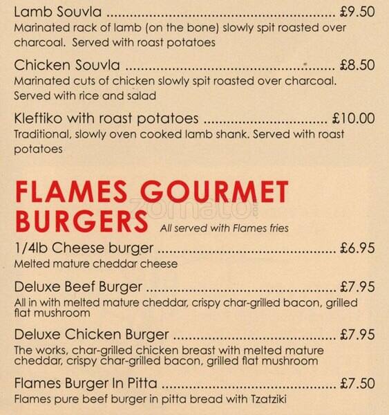 Flames Restaurant menu