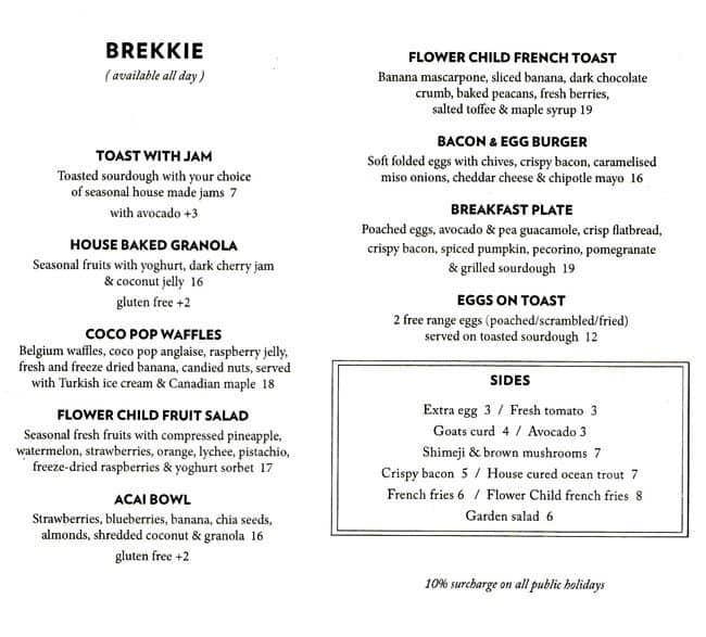 Flower Child Menu, Menu for Flower Child, Chatswood, Sydney