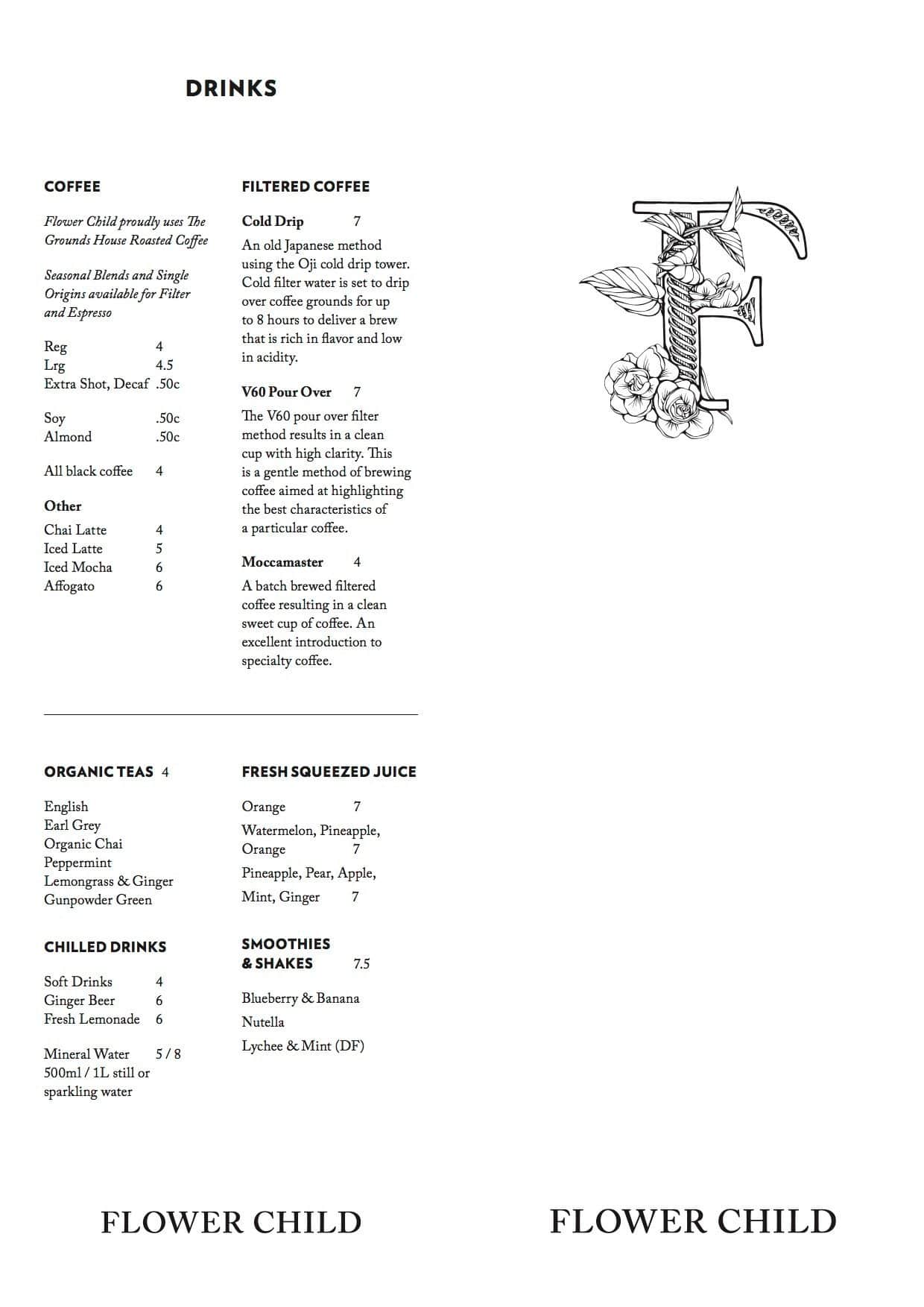 Flower Child Menu, Menu for Flower Child, Brookvale, Sydney