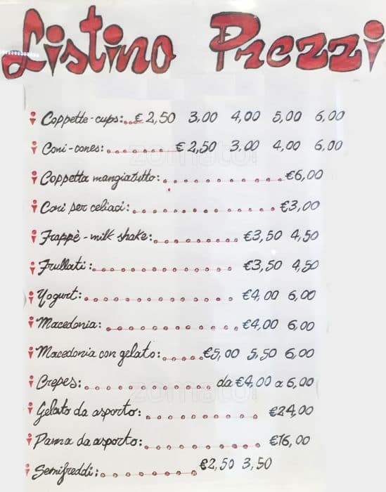 Menu di Punto Gelato 