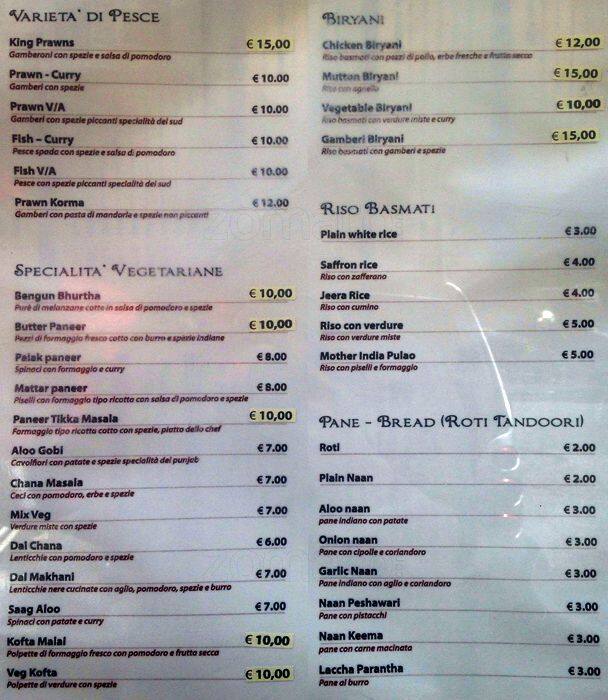 Menu di Mother India 