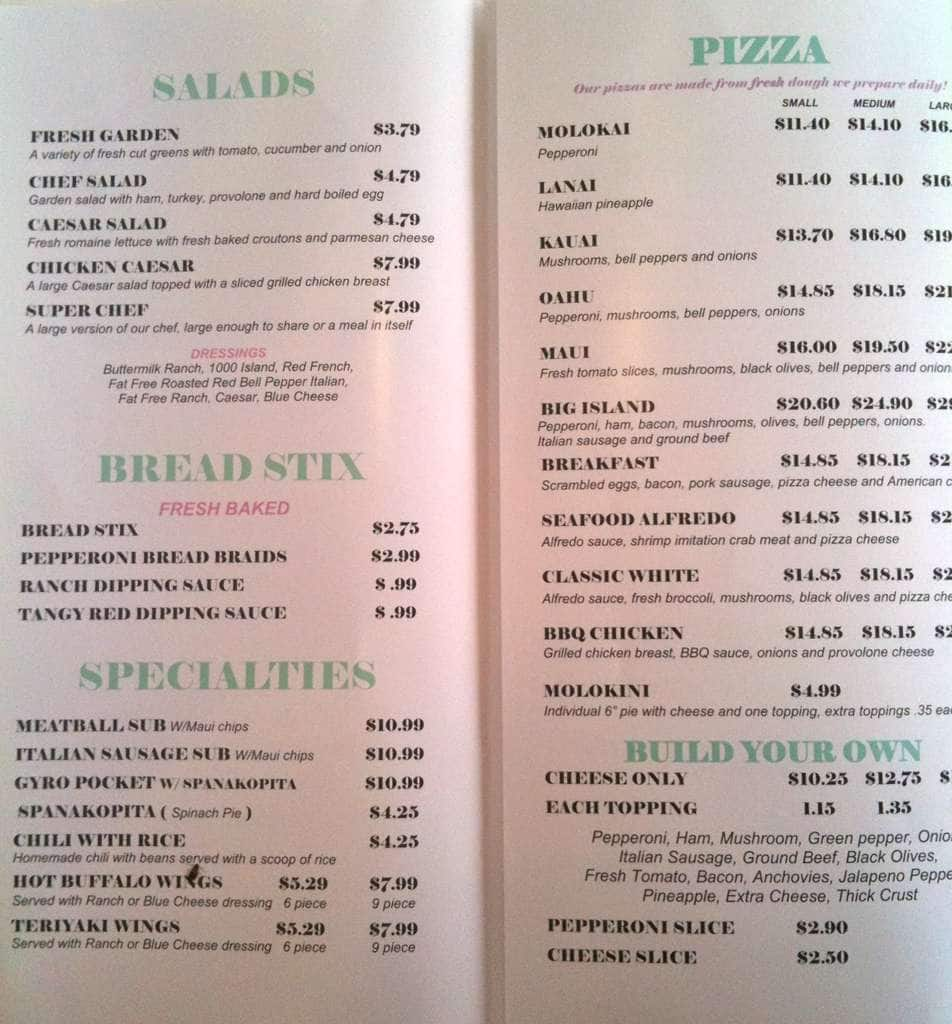 Menu at Molokai Pizza Cafe, Kaunakakai