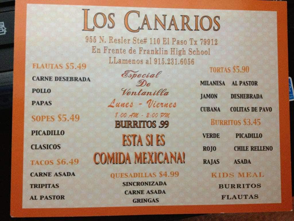 Flautas Los Canarios Menu, Menu for Flautas Los Canarios, Northwest, El