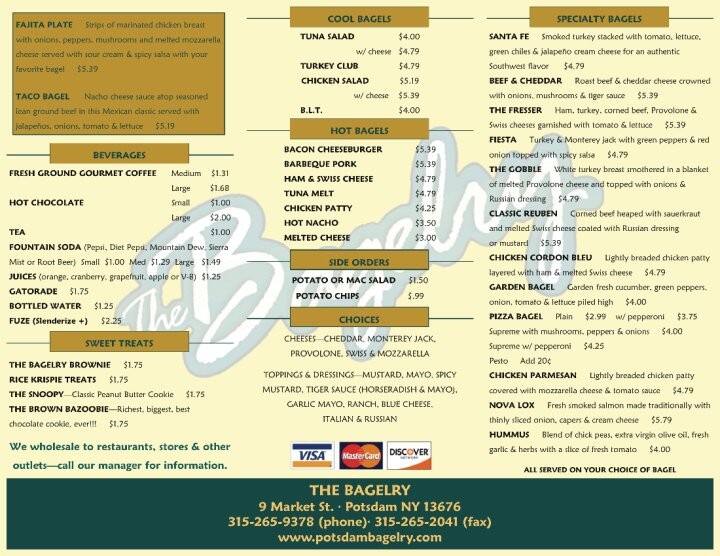 Menu at Park Bros. Bagels & Coffee cafe, Potsdam