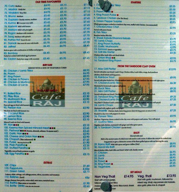 Café raj menu