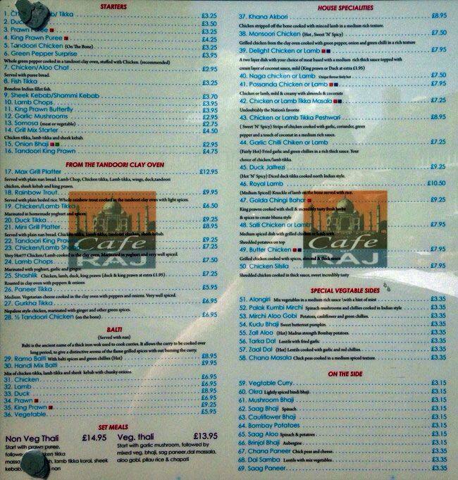 Café raj menu