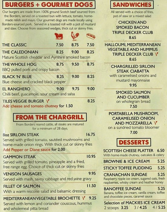 Menu at Tiles Bar, Edinburgh