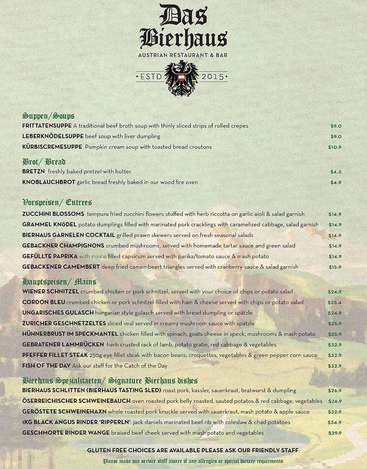 Das Bierhaus menu, Menu restauracji Das Bierhaus, Mona Vale, Sydney