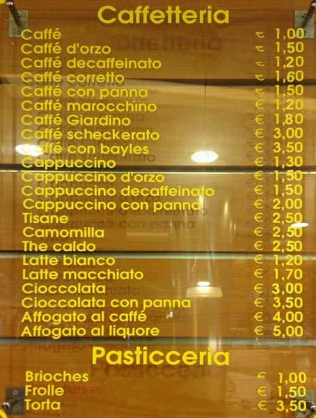 Menu di Caffè Giardino 