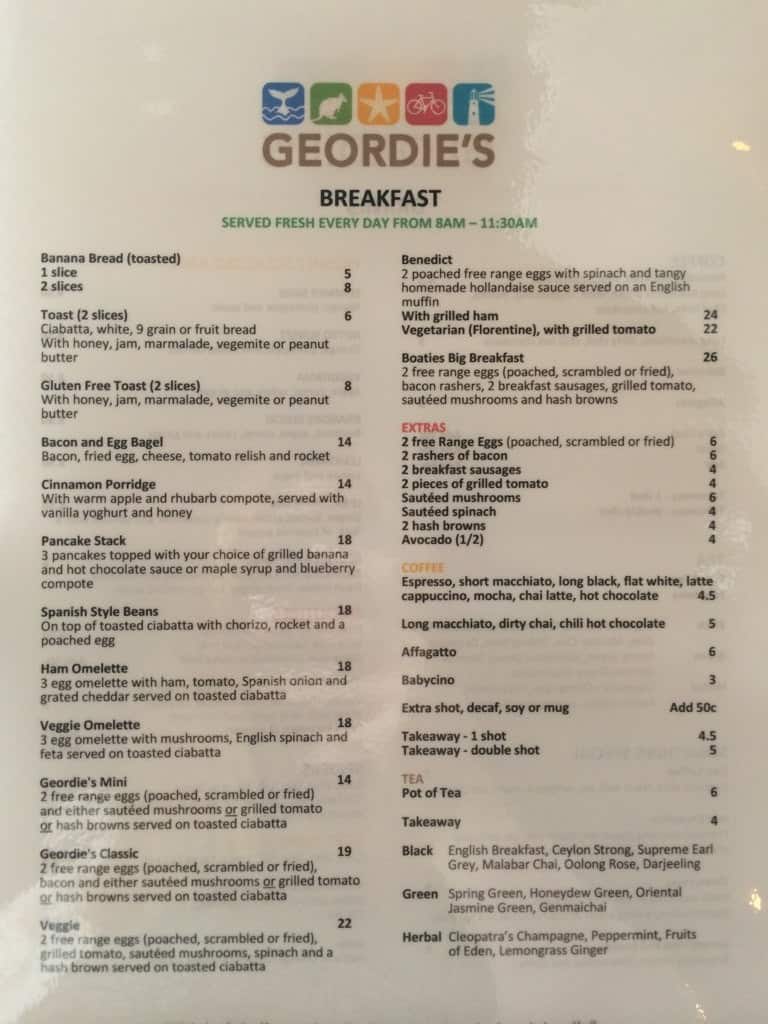 Geordie's Cafe Menü, Geordie's Cafe, Rottnest Island, Perth için Menü