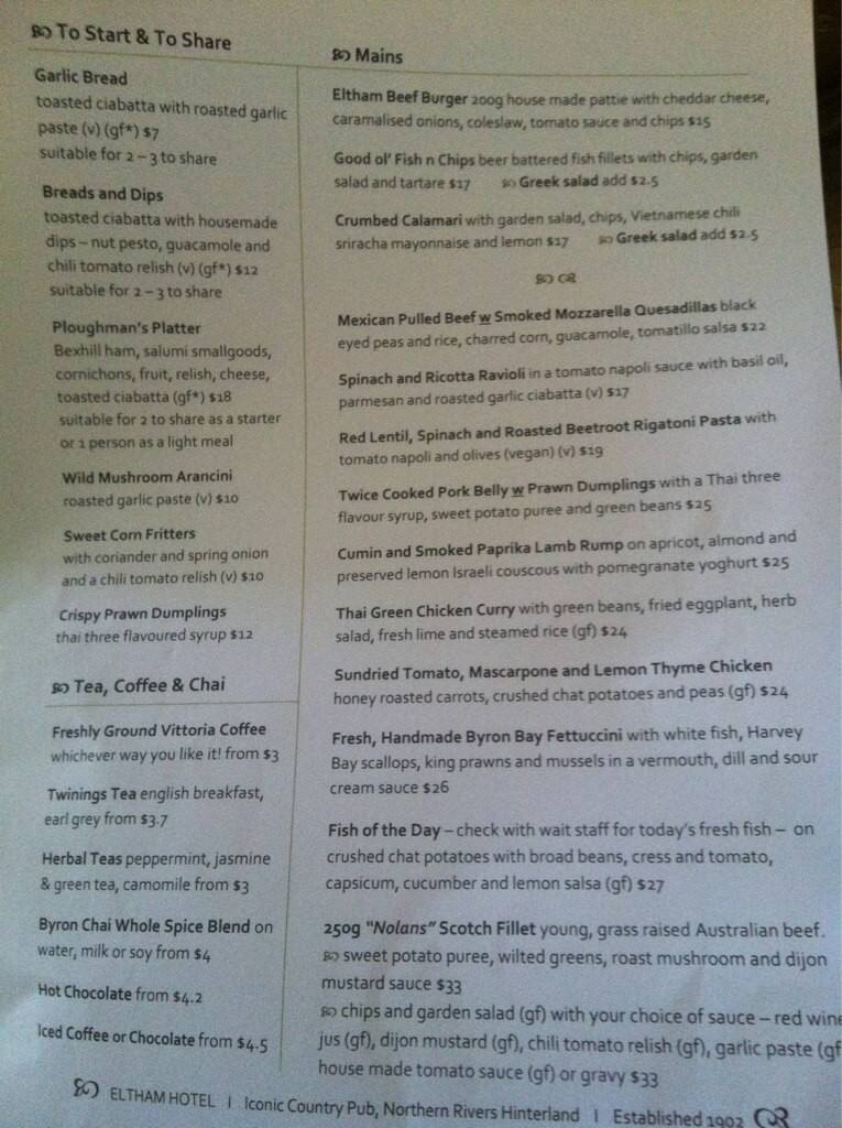 Eltham hotel Menü, Eltham hotel, Eltham, Eltham için Menü Urbanspoon