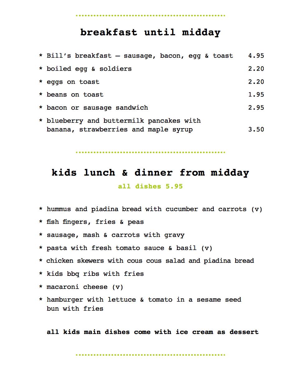 Menu at Bill's fast food, Cardiff, 2739 Wyndham Arcade Mill Lane